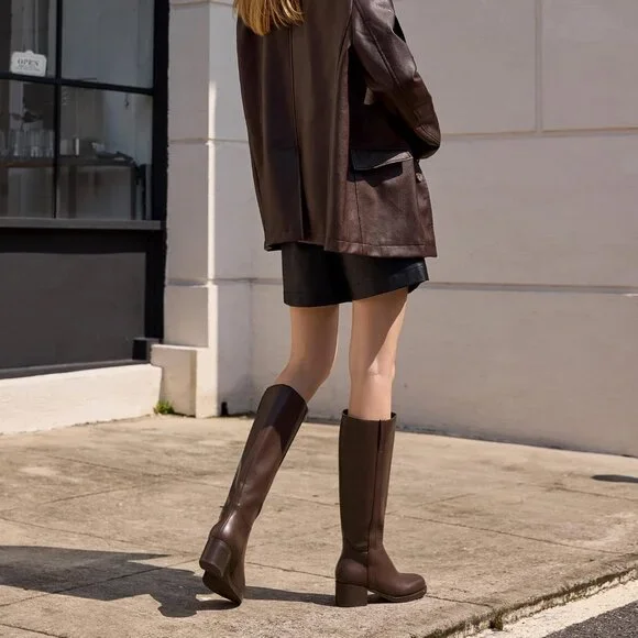 Women’s Coffee Knee High Boots Platform Chunky Block Heel Riding Tall Boots - Picture 6 of 6